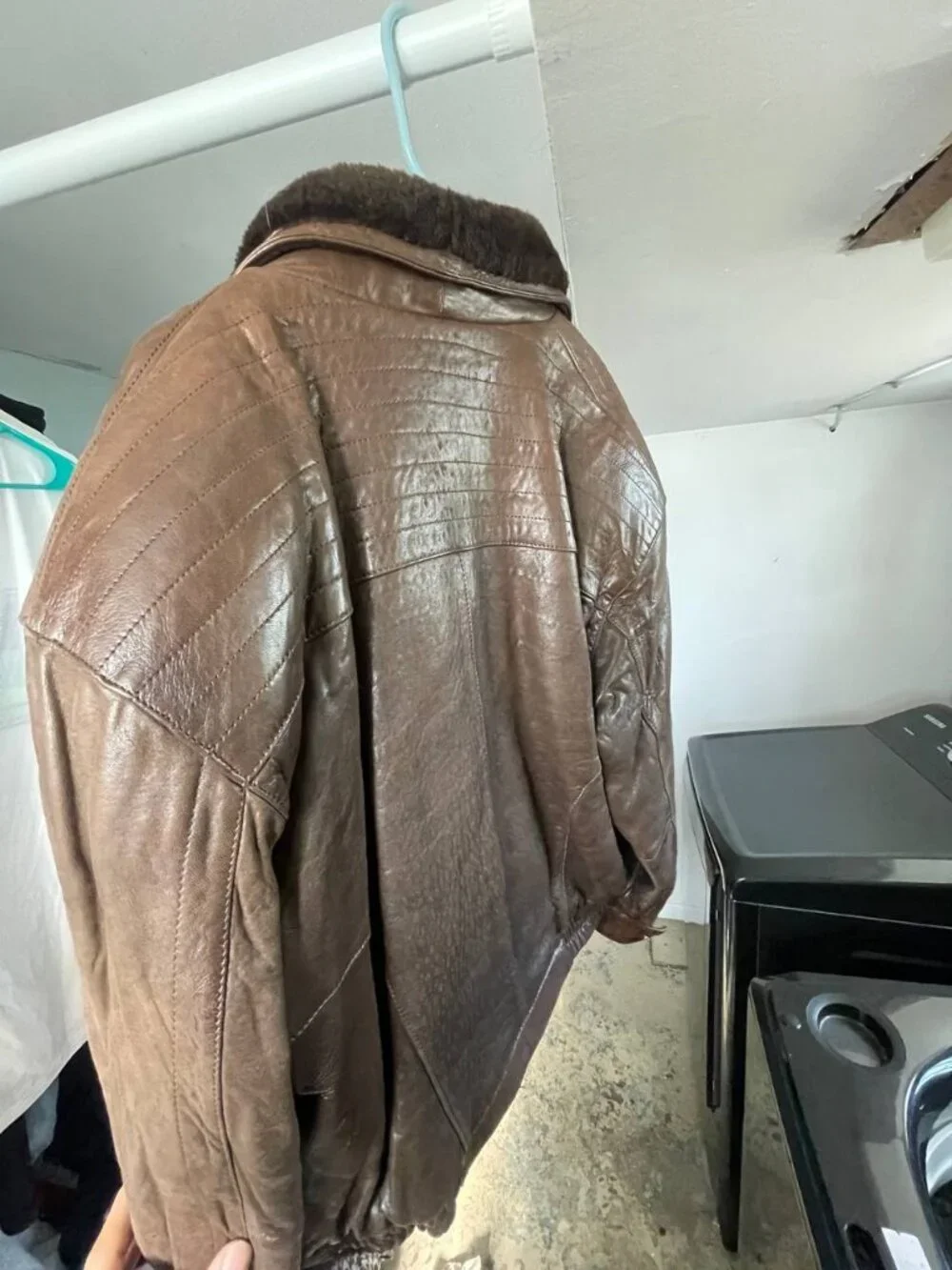 Vintage Skins by Tera Brown Leather Bomber Jacket Shearling Collar Men's Large